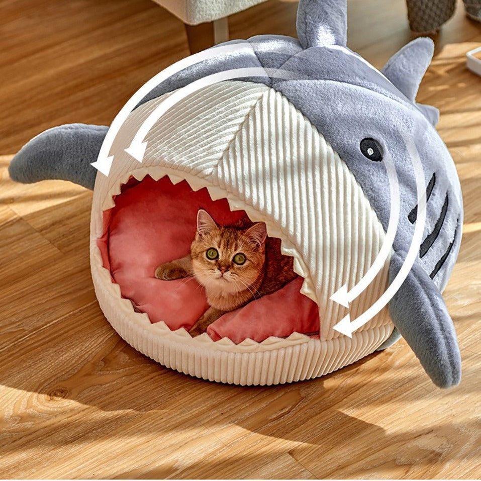 Autumn and Winter Warm Internet Celebrity Big Mouth Shark Pet Nest Semi Closed Cat Nest Dog Nest with Mat Deep Sleep Pet Supplies