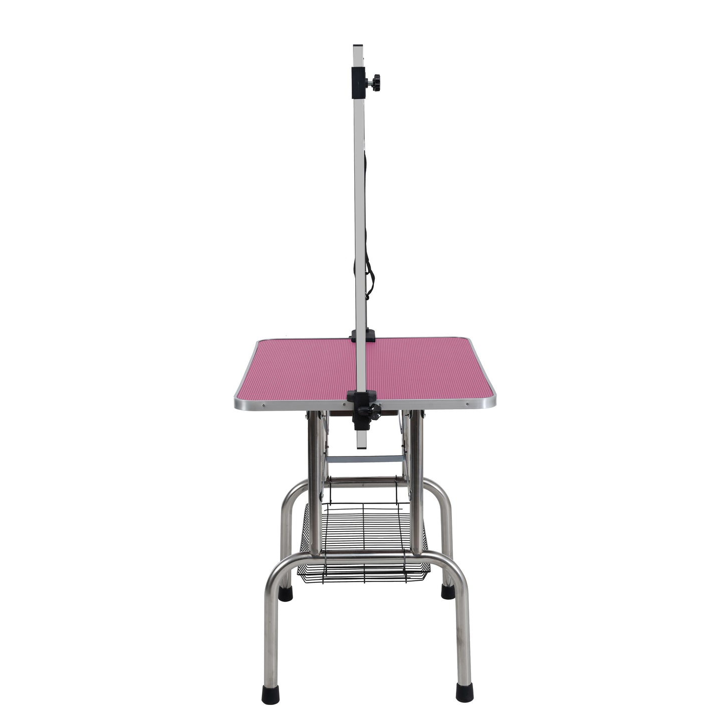 36 inch folding pet grooming table with stainless steel frame and rubber pad, equipped with adjustable armrests and clips (pink)